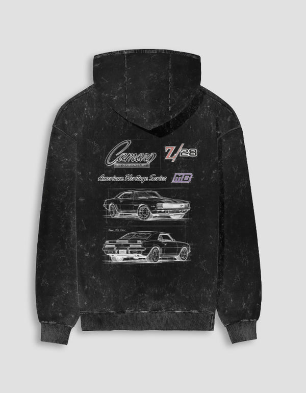 Back of a charcoal acid washed Camaro Z/28 hoodie with American Division Camaro line drawings