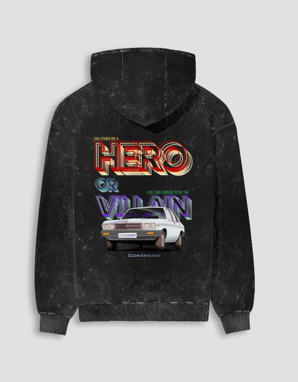 Back of a charcoal acid washed hoodie with a Hero or Villain Contessa print