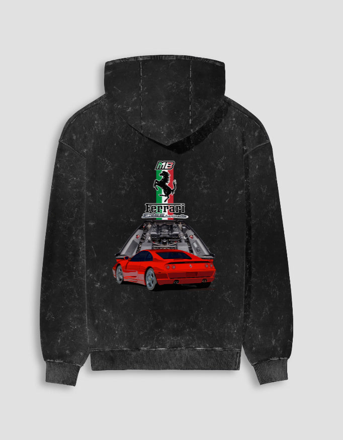 Back of a charcoal acid washed F355 hoodie with a red Ferrari F355 and Italian flag print