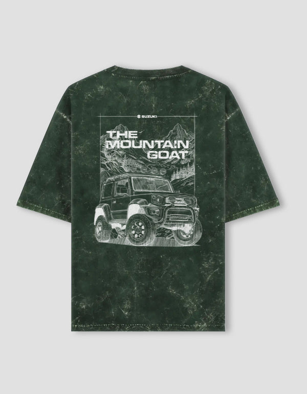 Green acid washed oversized tee with a white Suzuki Jimny Mountain Goat print, flat front view