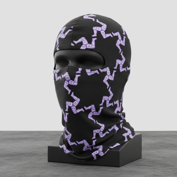 Black MotorBae Motoring balaclava with a lavender all-over print on a display head