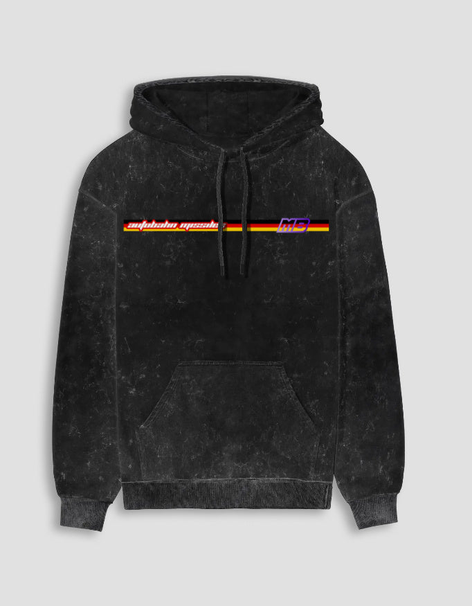 Charcoal acid washed Autobahn Missiles hoodie with a thin racing stripe across the chest