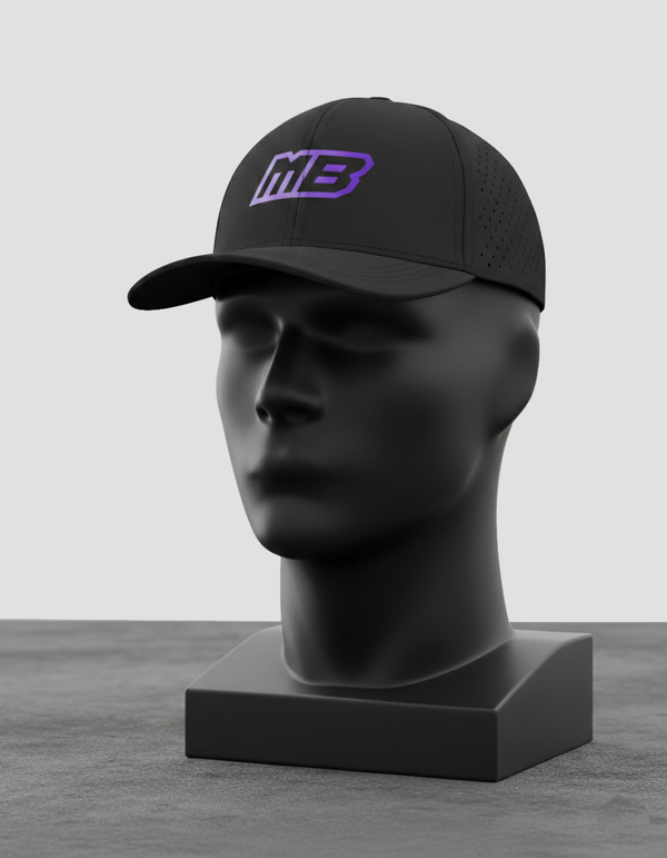 Black MotorBae sports cap with a purple MB logo on a display head