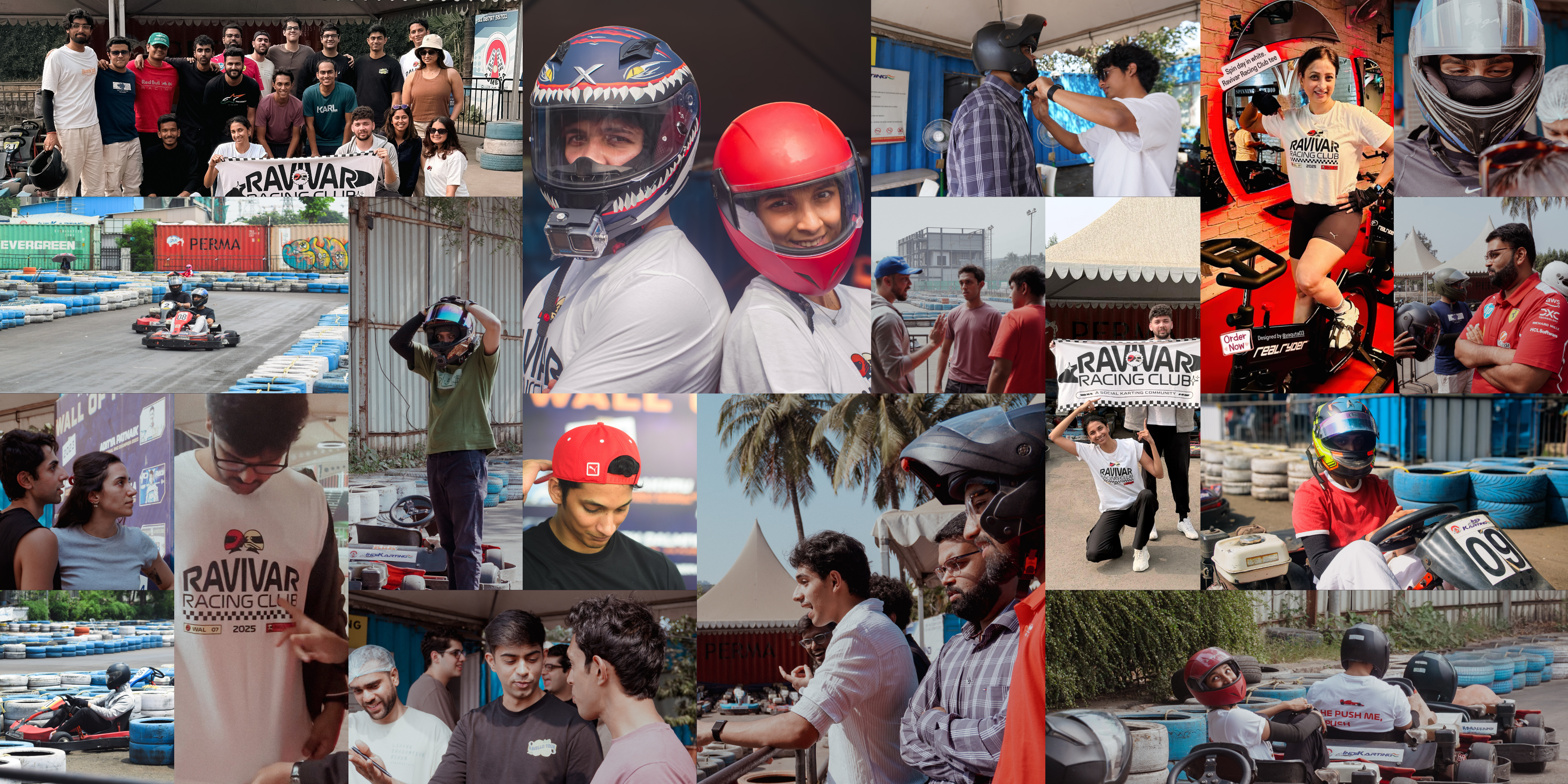 Collage of people wearing helmets and racing gear with a focus on a brand logo.