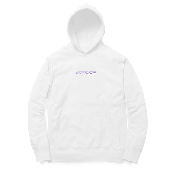 White Camaro Z/28 pullover hoodie with a small lavender chest logo, flat front view