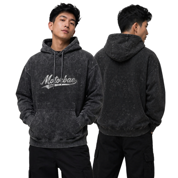 Model wearing the MotorBae MB Essentials Classic Hoodie in washed charcoal, front and back view
