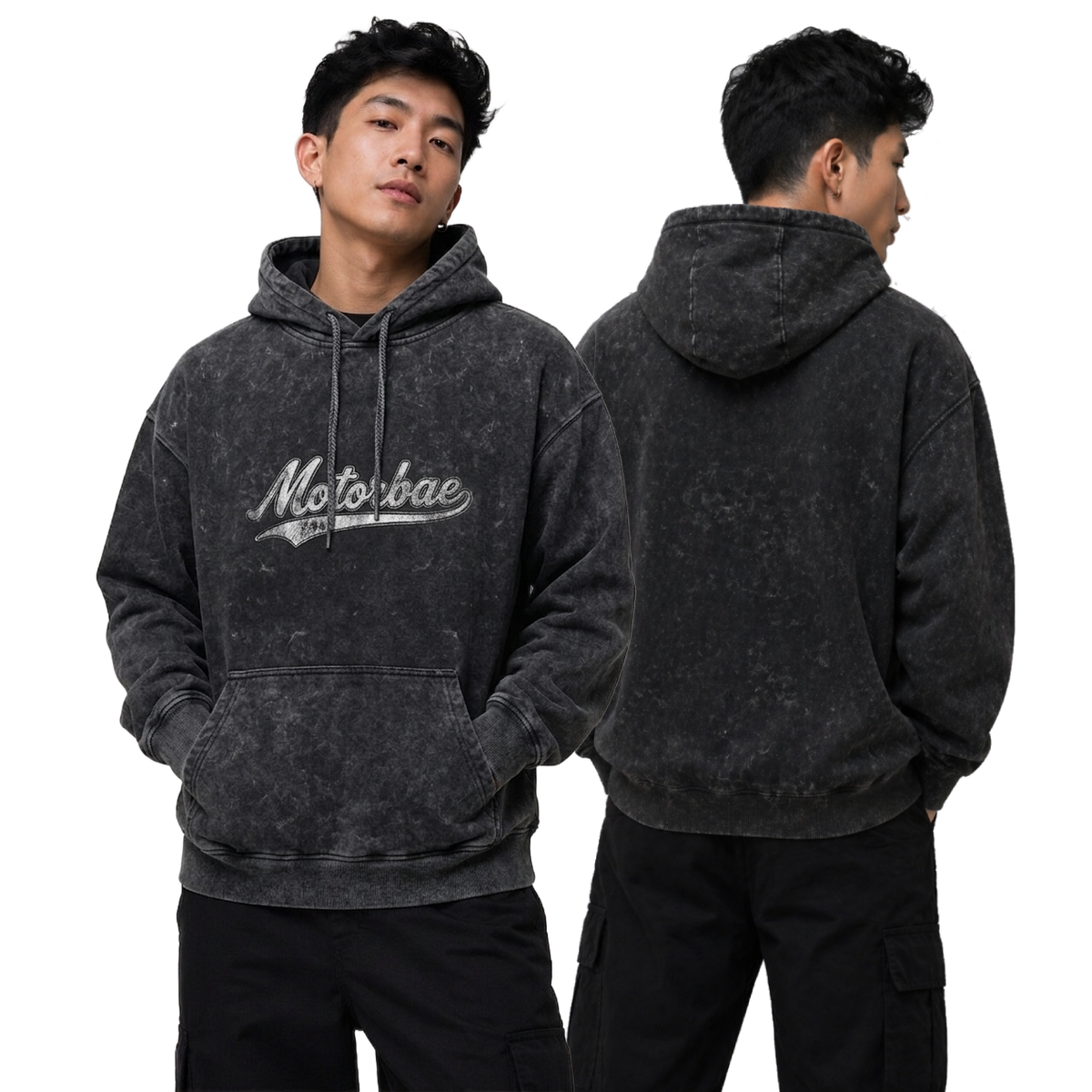 Model wearing the MotorBae MB Essentials Classic Hoodie in washed charcoal, front and back view