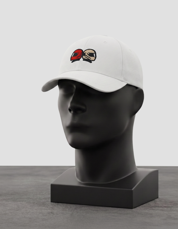 White MotorBae Rep cap with a red and white logo patch, shown on a display head